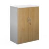 Duo double door cupboard 1090mm high with 2 shelves white with oak doors - R1090DD-WHO