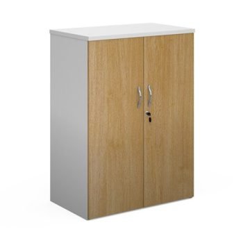 Duo double door cupboard 1090mm high with 2 shelves white with oak doors - R1090DD-WHO