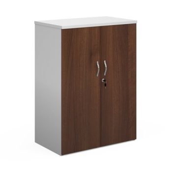 Duo double door cupboard 1090mm high with 2 shelves white with walnut doors - R1090DD-WHW