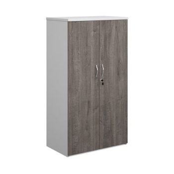 Duo double door cupboard 1440mm high with 3 shelves white with grey oak doors - R1440DD-WHGO