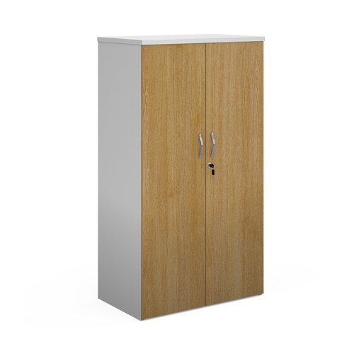 Duo double door cupboard 1440mm high with 3 shelves white with oak doors - R1440DD-WHO
