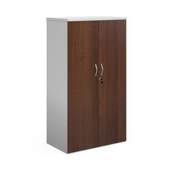 Duo double door cupboard 1440mm high with 3 shelves white with walnut doors - R1440DD-WHW