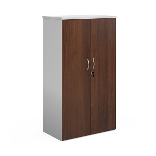 Duo double door cupboard 1440mm high with 3 shelves white with walnut doors - R1440DD-WHW