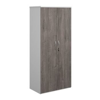 Duo double door cupboard 1790mm high with 4 shelves white with grey oak doors - R1790DD-WHGO