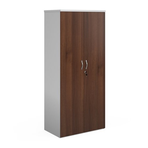 Duo double door cupboard 1790mm high with 4 shelves white with walnut doors - R1790DD-WHW