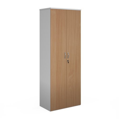 Duo double door cupboard 2140mm high with 5 shelves white with beech doors - R2140DD-WHB
