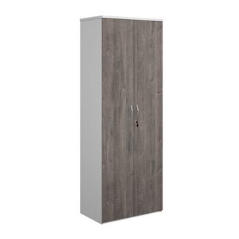 Duo double door cupboard 2140mm high with 5 shelves white with grey oak doors - R2140DD-WHGO