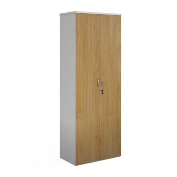 Duo double door cupboard 2140mm high with 5 shelves white with oak doors - R2140DD-WHO