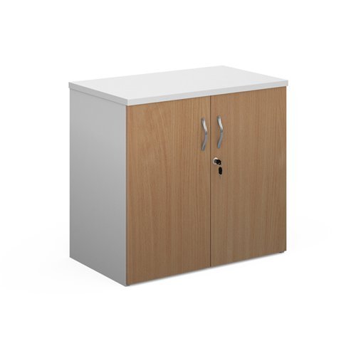Duo double door cupboard 740mm high with 1 shelf white with beech doors - R740DD-WHB