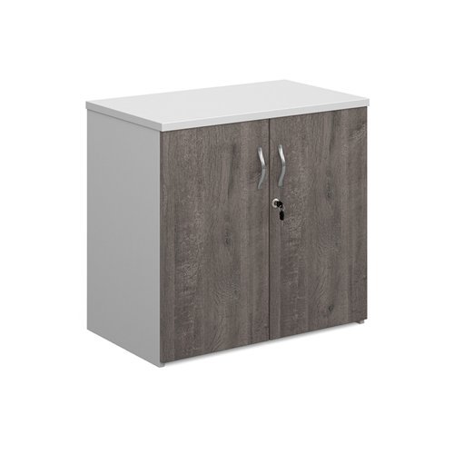 Duo double door cupboard 740mm high with 1 shelf white with grey oak doors - R740DD-WHGO