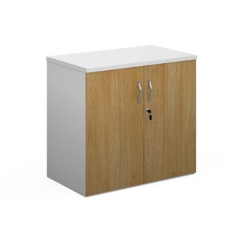 Duo double door cupboard 740mm high with 1 shelf white with oak doors - R740DD-WHO