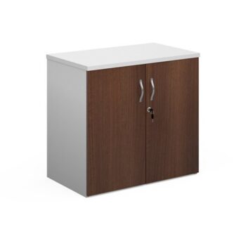 Duo double door cupboard 740mm high with 1 shelf white with walnut doors - R740DD-WHW