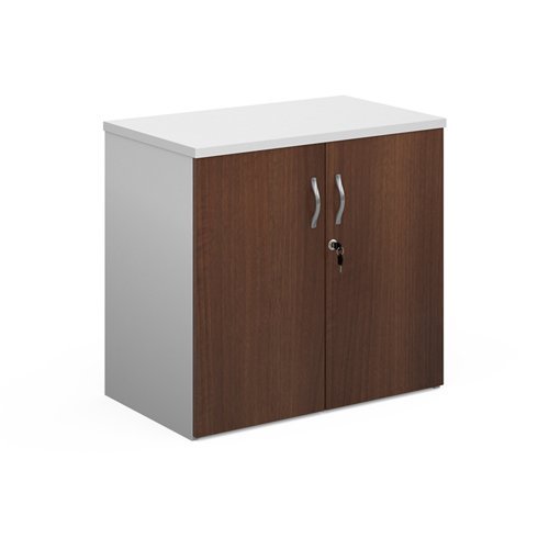 Duo double door cupboard 740mm high with 1 shelf white with walnut doors - R740DD-WHW