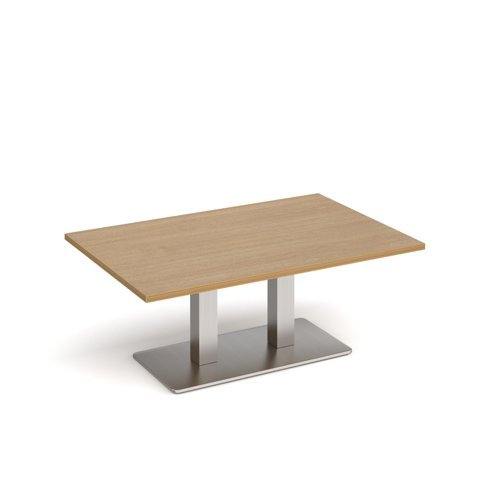 Eros rectangular coffee table with flat brushed steel rectangular base and twin uprights 1200mm x 800mm oak - ECR1200-BS-O