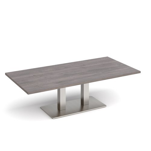 Eros rectangular coffee table with flat brushed steel rectangular base and twin uprights 1600mm x 800mm grey oak - ECR1600-BS-GO