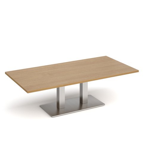 Eros rectangular coffee table with flat brushed steel rectangular base and twin uprights 1600mm x 800mm oak - ECR1600-BS-O