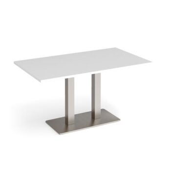 Eros rectangular dining table with flat brushed steel rectangular base and twin uprights 1400mm x 800mm white - EDR1400-BS-WH
