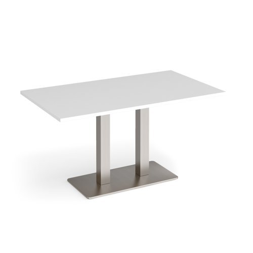 Eros rectangular dining table with flat brushed steel rectangular base and twin uprights 1400mm x 800mm white - EDR1400-BS-WH