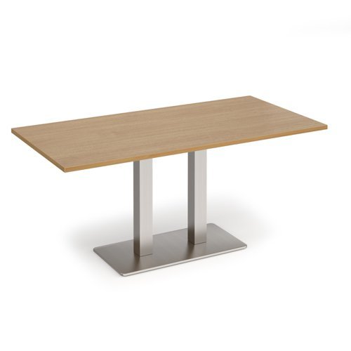 Eros rectangular dining table with flat brushed steel rectangular base and twin uprights 1600mm x 800mm oak - EDR1600-BS-O