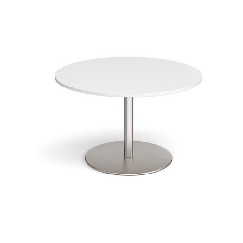 Eternal circular boardroom table 1200mm brushed steel base white top - ETN12C-BS-WH