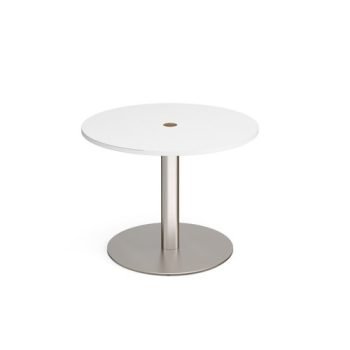 Eternal circular meeting table 1000mm with central circular cutout 80mm brushed steel base white top - ETN10C-CO-BS-WH