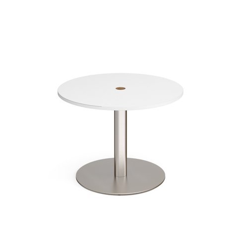 Eternal circular meeting table 1000mm with central circular cutout 80mm brushed steel base white top - ETN10C-CO-BS-WH