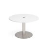 Eternal circular meeting table 1200mm with central circular cutout 80mm brushed steel base white top - ETN12C-CO-BS-WH