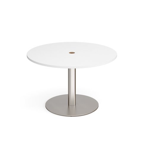 Eternal circular meeting table 1200mm with central circular cutout 80mm brushed steel base white top - ETN12C-CO-BS-WH