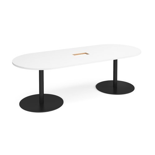 Eternal radial end boardroom table 2400mm x 1000mm with central cutout 272mm x 132mm black base white top - ETN24-CO-K-WH