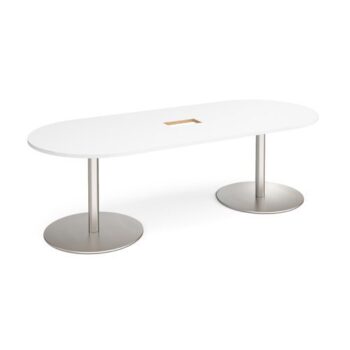Eternal radial end boardroom table 2400mm x 1000mm with central cutout 272mm x 132mm brushed steel base white top - ETN24-CO-BS-WH