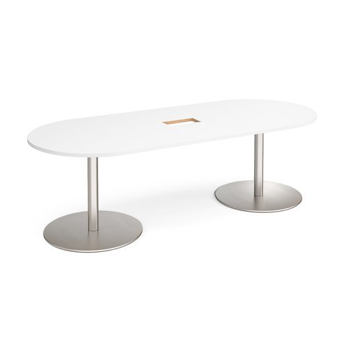 Eternal radial end boardroom table 2400mm x 1000mm with central cutout 272mm x 132mm brushed steel base white top - ETN24-CO-BS-WH
