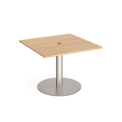 Eternal square meeting table 1000mm x 1000mm with central circular cutout 80mm brushed steel base beech top - ETN10-CO-BS-B
