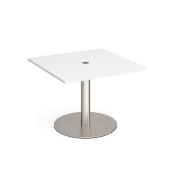 Eternal square meeting table 1000mm x 1000mm with central circular cutout 80mm brushed steel base white top - ETN10-CO-BS-WH