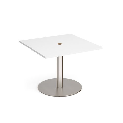 Eternal square meeting table 1000mm x 1000mm with central circular cutout 80mm brushed steel base white top - ETN10-CO-BS-WH