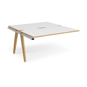 Fuze add on units back to back 1400mm x 1600mm with oak legs white underframe white top with oak edging - FZ1416-AB-WH-WO