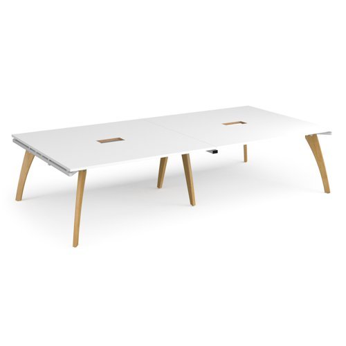 Fuze rectangular boardroom table 3200mm x 1600mm with 2 cutouts 272mm x 132mm with oak legs white underframe white top - FZBT3216-CO-WH-WH