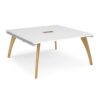 Fuze square boardroom table 1600mm x 1600mm with central cutout 272mm x 132mm with oak legs white underframe white top - FZBT1616-CO-WH-WH