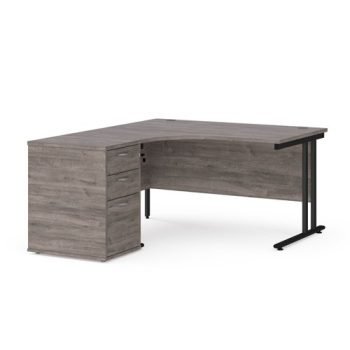 Maestro 25 left hand ergonomic desk 1400mm with black cantilever frame and desk high pedestal grey oak - EBK14LGO