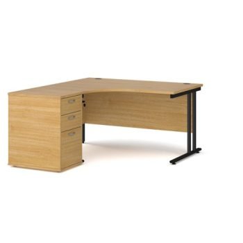 Maestro 25 left hand ergonomic desk 1400mm with black cantilever frame and desk high pedestal oak - EBK14LO
