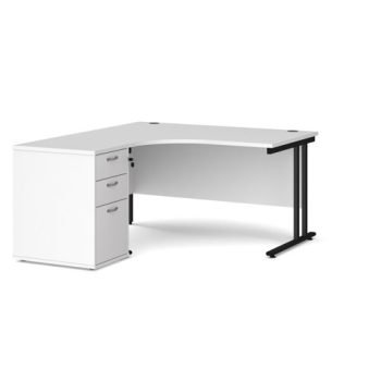 Maestro 25 left hand ergonomic desk 1400mm with black cantilever frame and desk high pedestal white - EBK14LWH