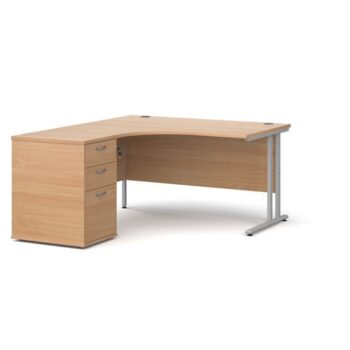 Maestro 25 left hand ergonomic desk 1400mm with silver cantilever frame and desk high pedestal beech - EBS14LB