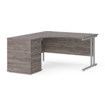 Maestro 25 left hand ergonomic desk 1400mm with silver cantilever frame and desk high pedestal grey oak - EBS14LGO