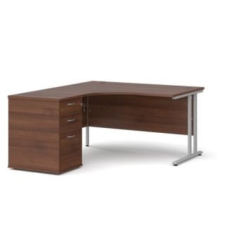 Maestro 25 left hand ergonomic desk 1400mm with silver cantilever frame and desk high pedestal walnut - EBS14LW