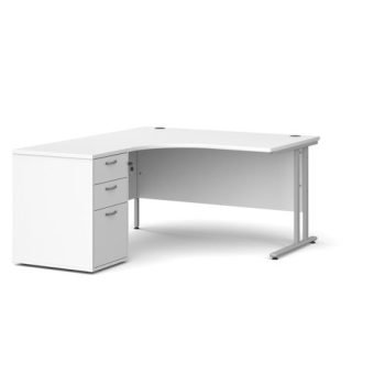 Maestro 25 left hand ergonomic desk 1400mm with silver cantilever frame and desk high pedestal white - EBS14LWH