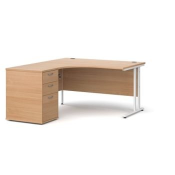 Maestro 25 left hand ergonomic desk 1400mm with white cantilever frame and desk high pedestal beech - EBWH14LB