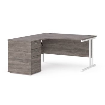 Maestro 25 left hand ergonomic desk 1400mm with white cantilever frame and desk high pedestal grey oak - EBWH14LGO