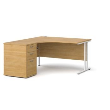 Maestro 25 left hand ergonomic desk 1400mm with white cantilever frame and desk high pedestal oak - EBWH14LO