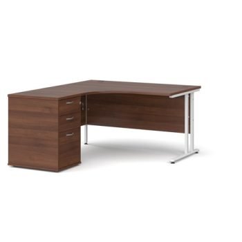 Maestro 25 left hand ergonomic desk 1400mm with white cantilever frame and desk high pedestal walnut - EBWH14LW