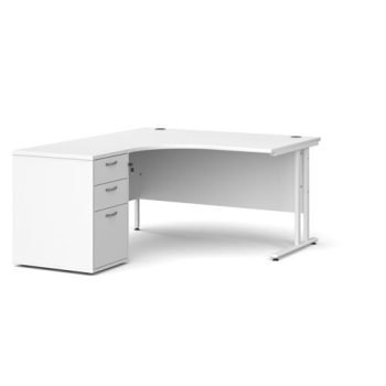 Maestro 25 left hand ergonomic desk 1400mm with white cantilever frame and desk high pedestal white - EBWH14LWH