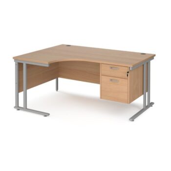 Maestro 25 left hand ergonomic desk 1600mm wide with 2 drawer pedestal silver cantilever leg frame beech top - MC16ELP2SB
